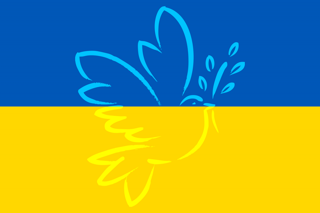 Ukriane-Flagge mit Friedenstaube. 